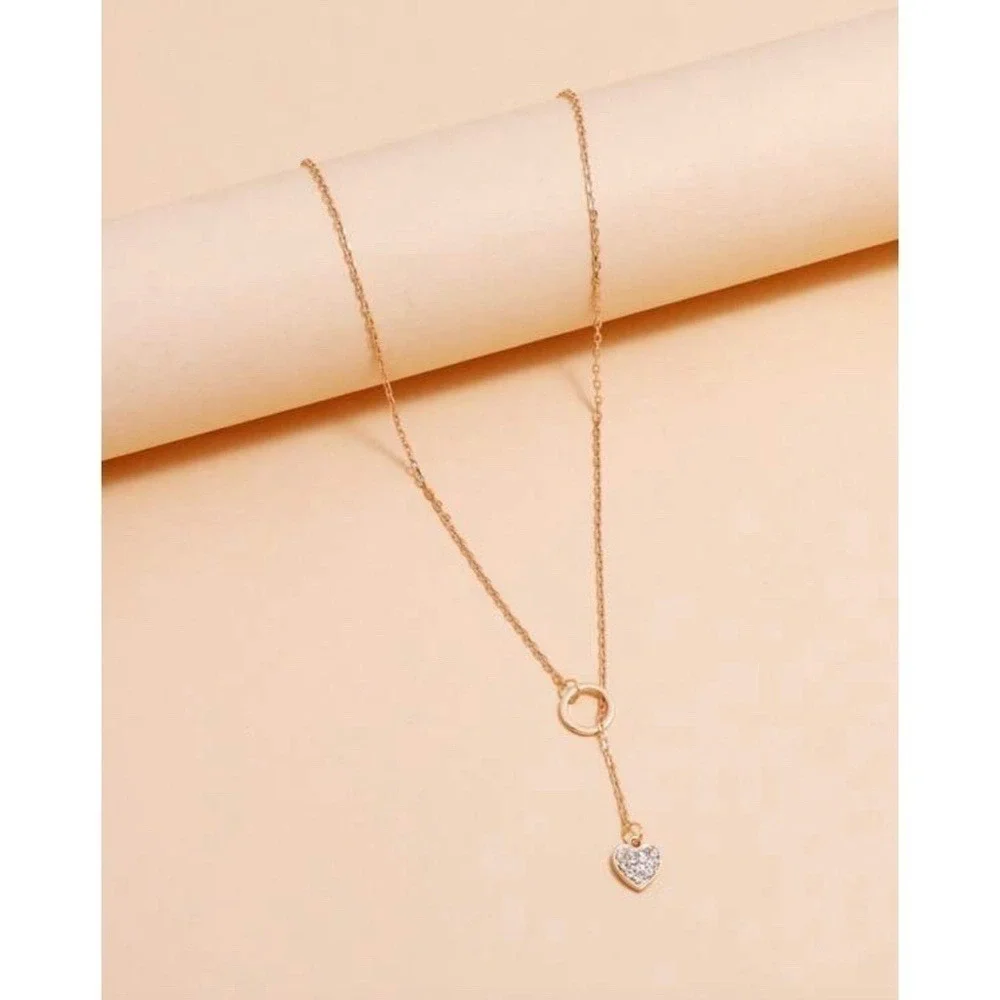 NEW!! Gold‎ Lariat Heart Rhinestone Necklace Delicate Dainty Boho Festival
